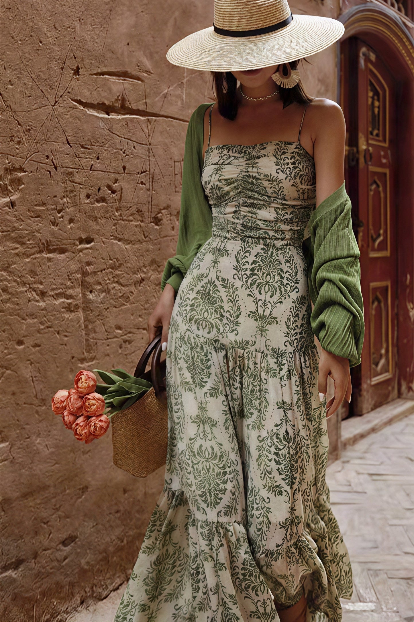 Damask Floral Print Spaghetti Strap Ruched Bust Maxi Dress