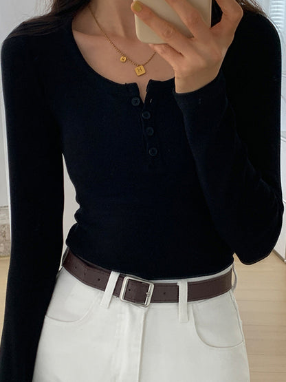 Solid Color Rib High Elastic Breasted Long Sleeve Knit