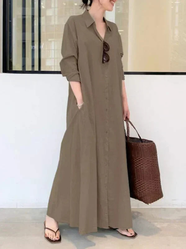 Oversized Button-Front Collared Long Sleeve Pocket Shirt Maxi Dress