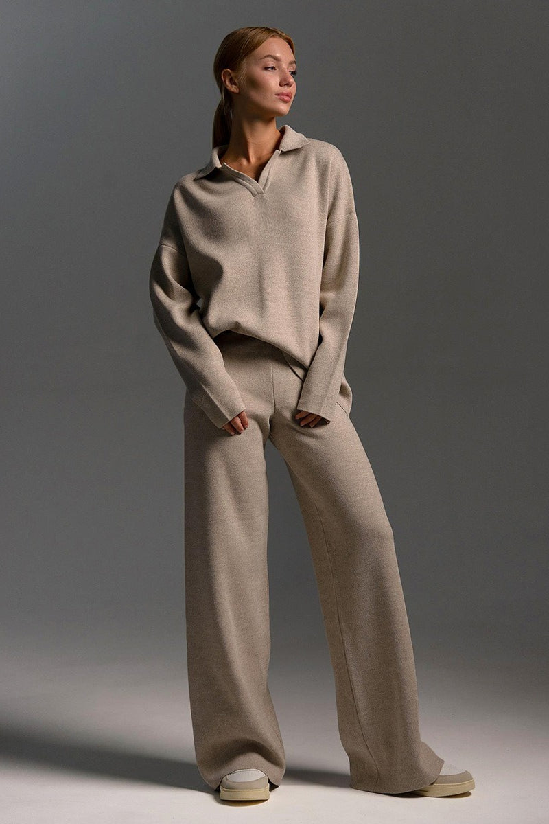 | Polo Collar Knit Pullover and Wide-Leg Pants Set