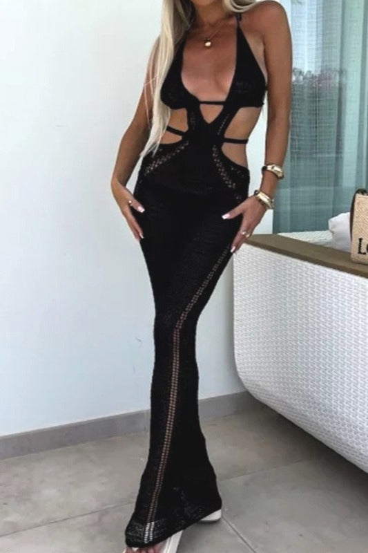 Halter Deep V Neck Crochet Knit Waist Cutout Cord Strap Bodycon Maxi Dress