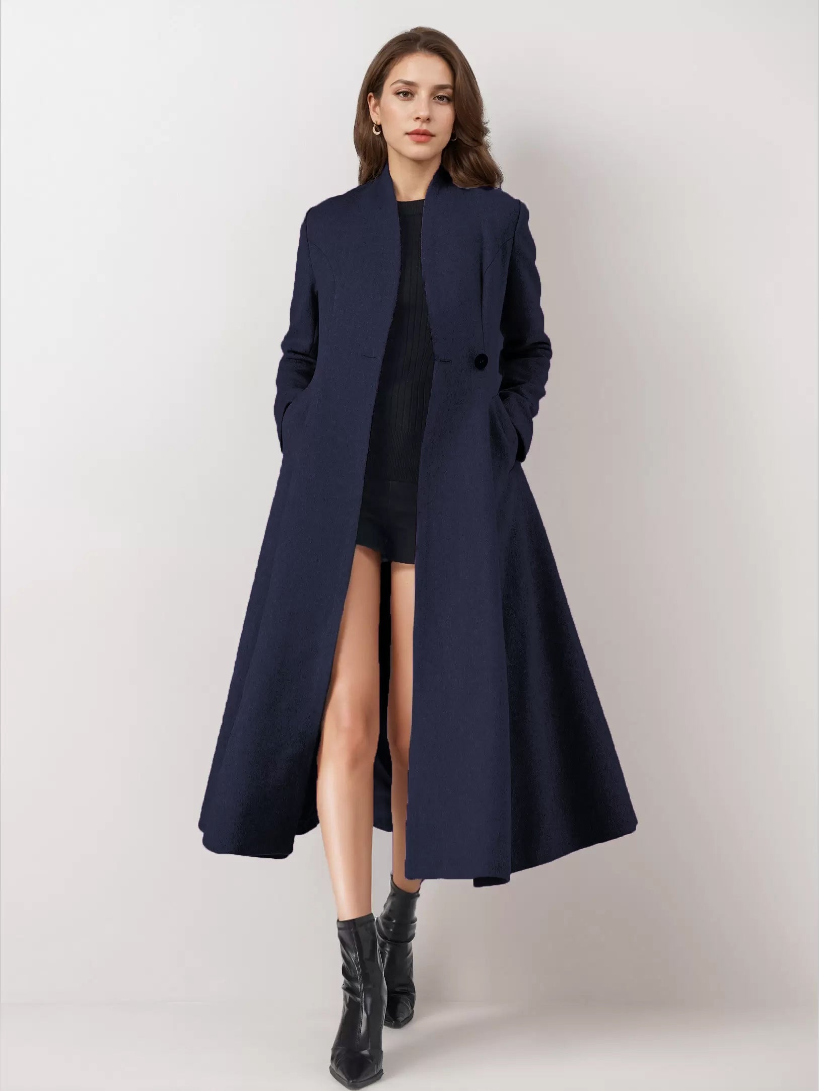 Wool Blend Flared Coat For Woman One Button Gray A-line Winter Midi Outerwear 2026