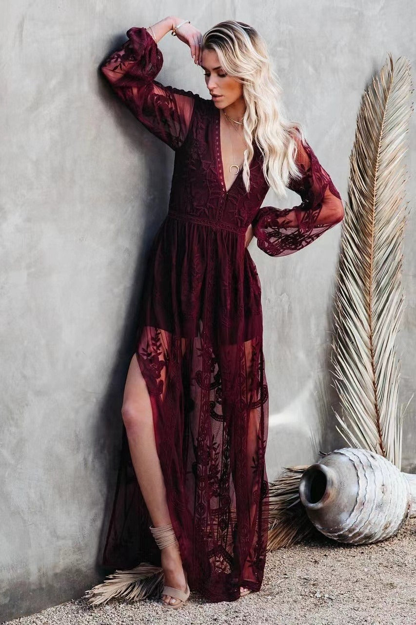 Embroidered Sheer Overlay Plunge V-Neck Bishop Sleeve Slit Maxi Dress
