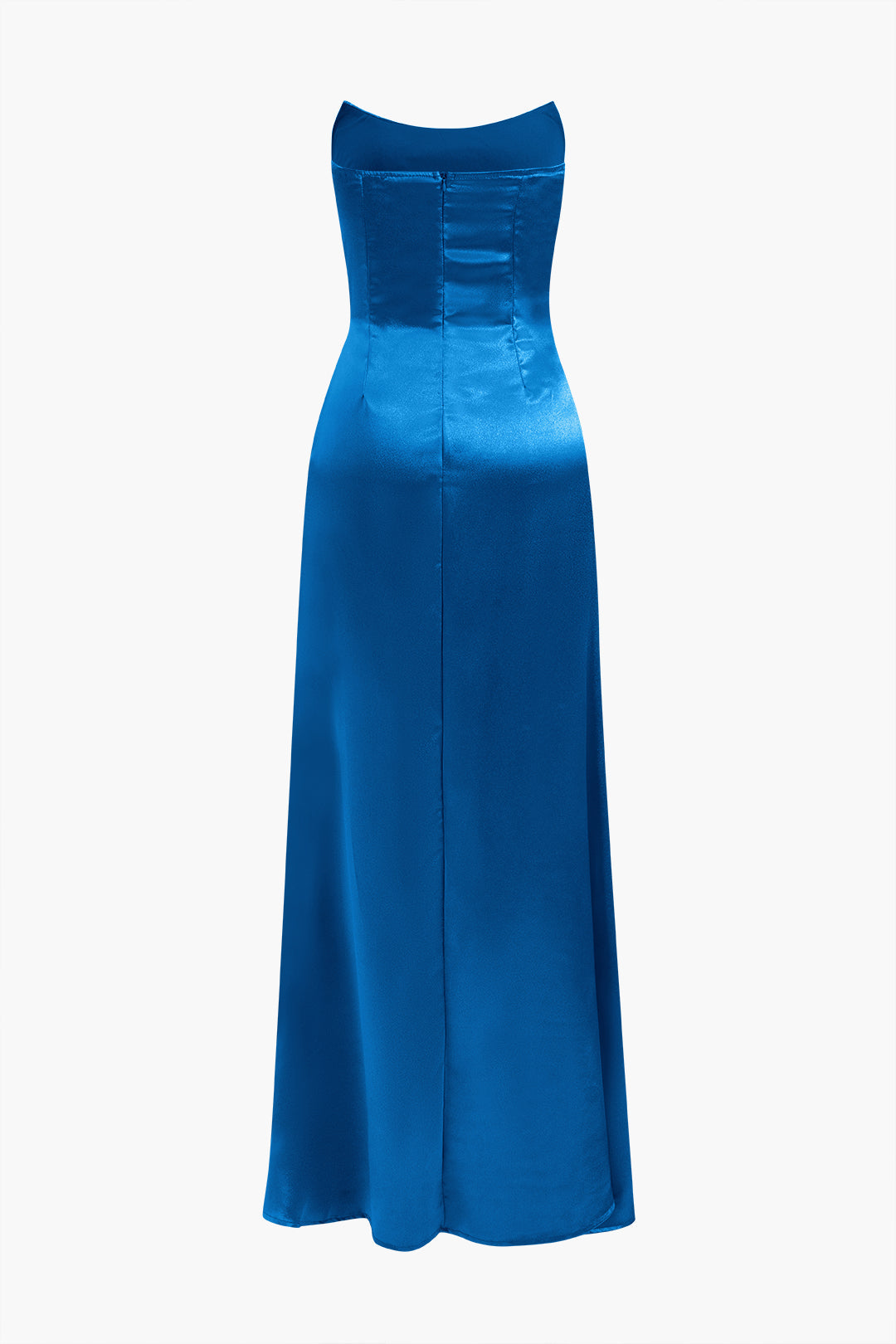 Strapless Sequin Bodice Ruched Satin Knot Hip High Slit Maxi Gown