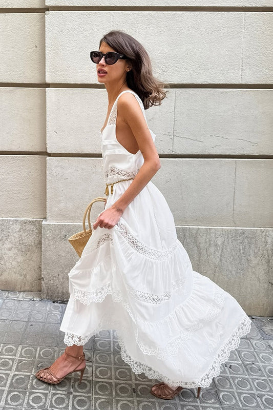 | Lace Patchwork Ruffle Maxi Dress