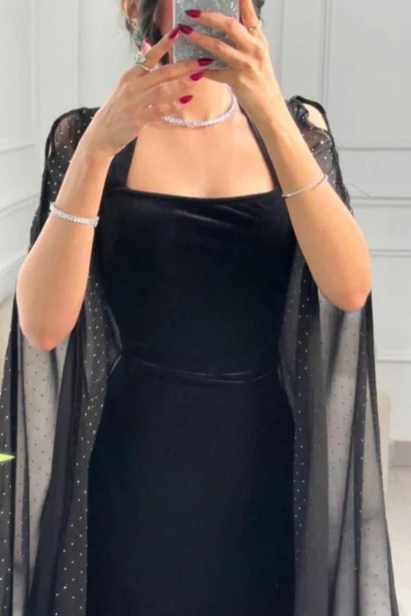 Solid Color Velvet Square Neck Slim Fit Rhinestone Maxi Dress