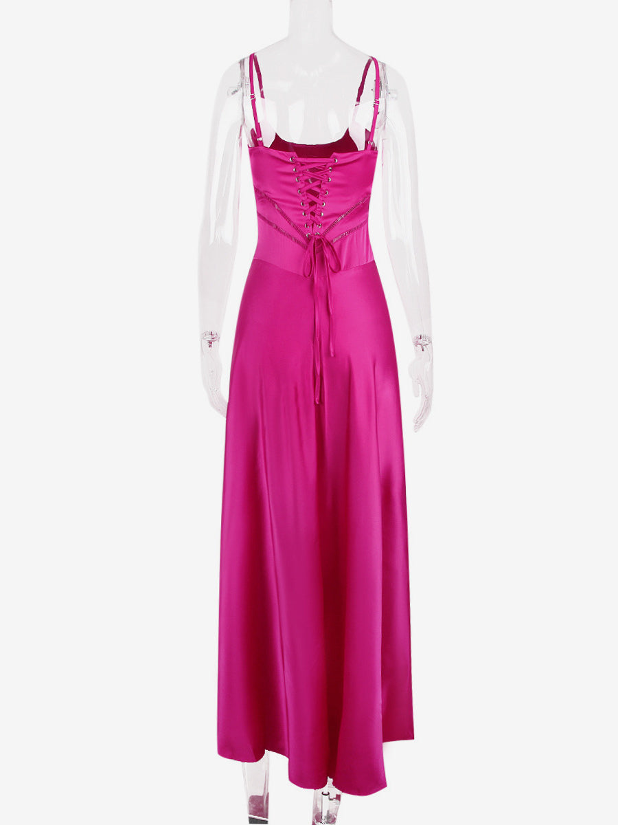Corest Maxi Dress Adjustable Spaghetti Straps Backless Lace Up Prom Dresses