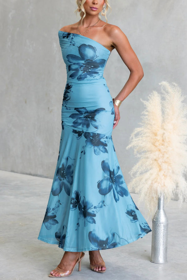 Floral Print Elegant Mesh Off-shoulder Fitted Maxi Dress