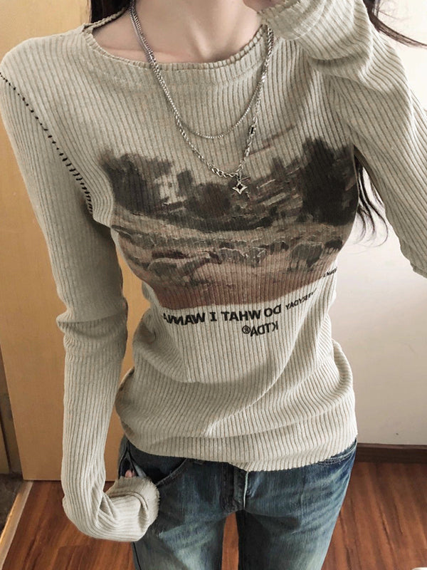 Vintage Print Seam Detail Ribbed Long Sleeve Knit