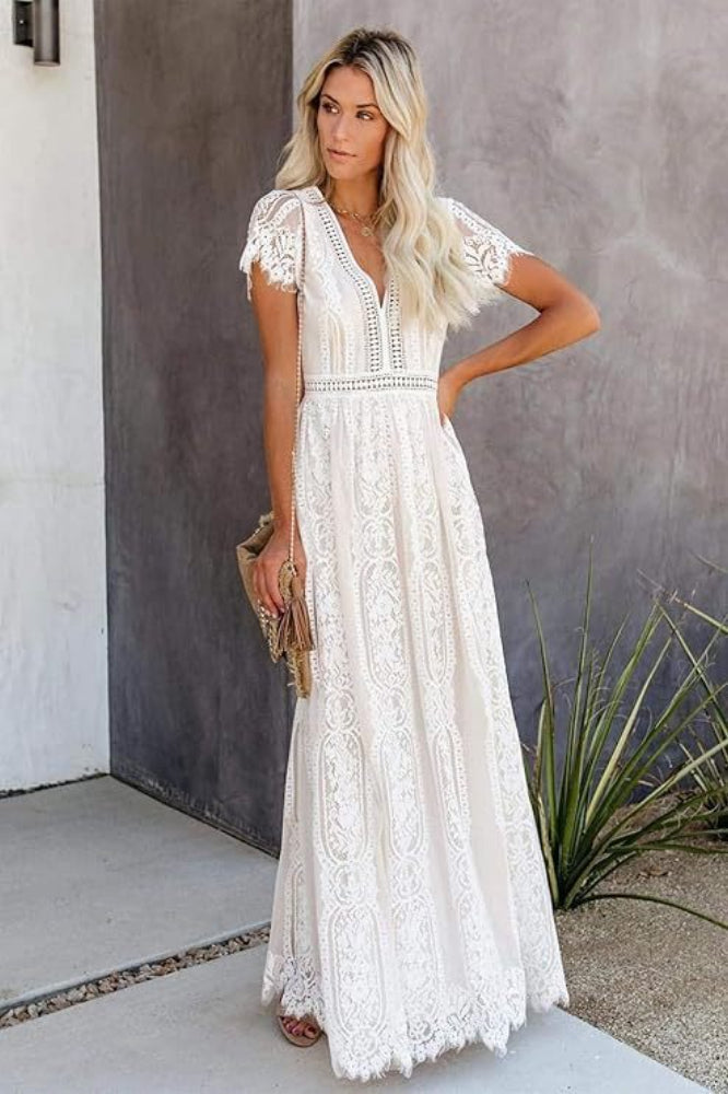 V-Neck Flutter Sleeve Ladder-Trim Lace Boho Maxi Dress