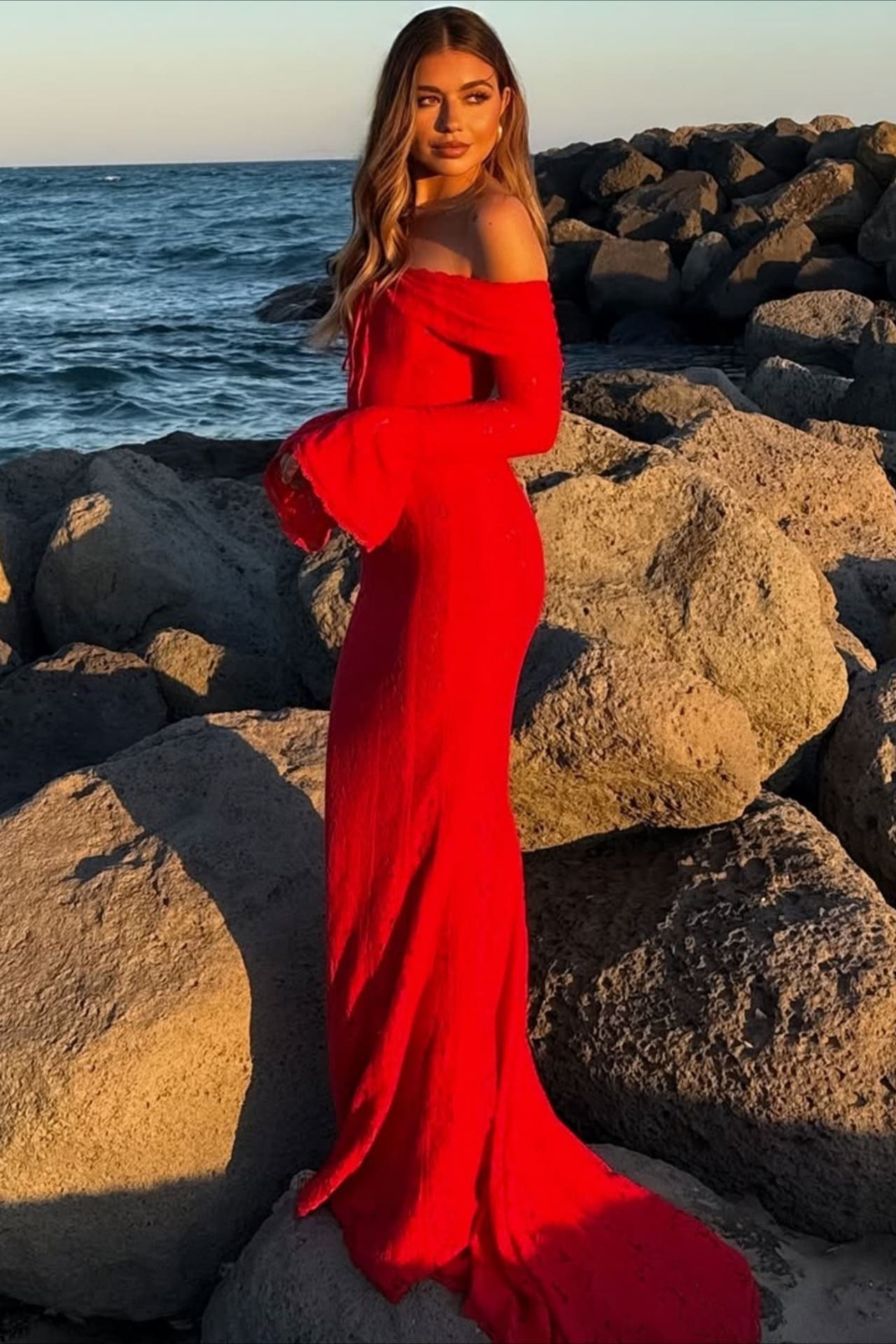 | Off Shoulder Lace Flare Sleeve Fitted Maxi Dress