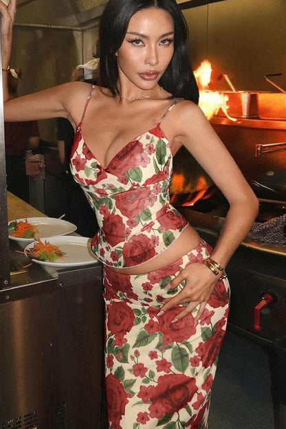 V Neck Floral Print Bodycon Maxi Skirt Set