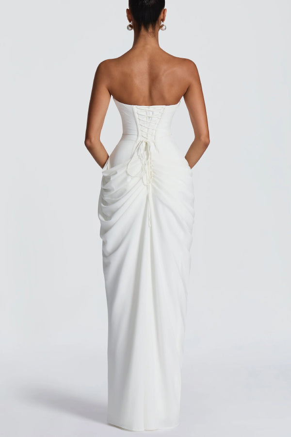 Cyra Back Lace-up Asymmetrical Pleats Strapless Slit Maxi Dress