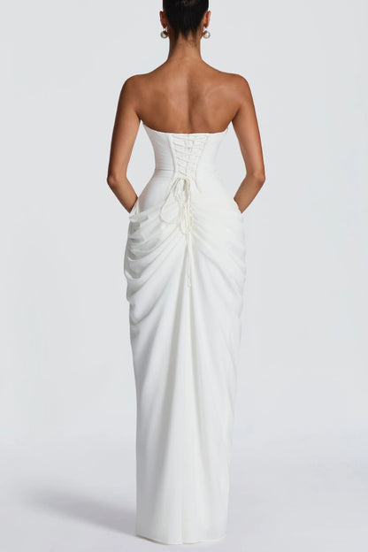 Cyra Back Lace-up Asymmetrical Pleats Strapless Slit Maxi Dress