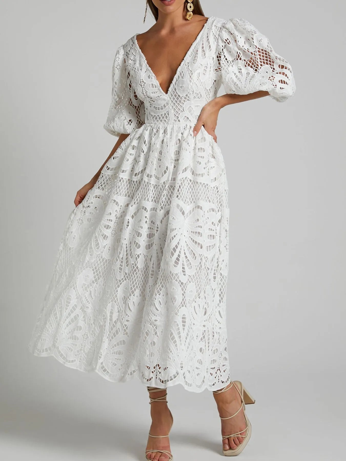 Guipure Lace Puff Sleeve Deep V-Neck Side Cutout Midi Dress