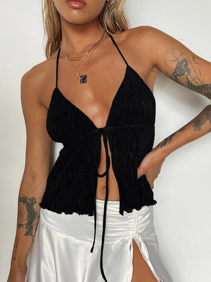 Lace Up Slit Backless Halter Vest