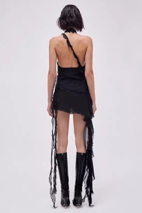 Halter Rosette Neck Ruffled Streamer Trim Mini Dress