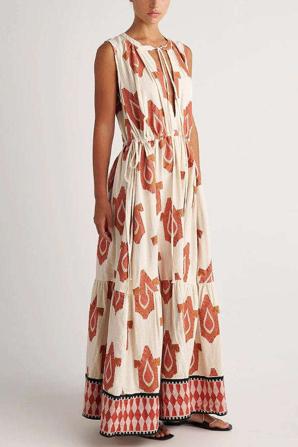 Unique Printed Round Neck Tie Sleeveless Holiday Maxi Dress