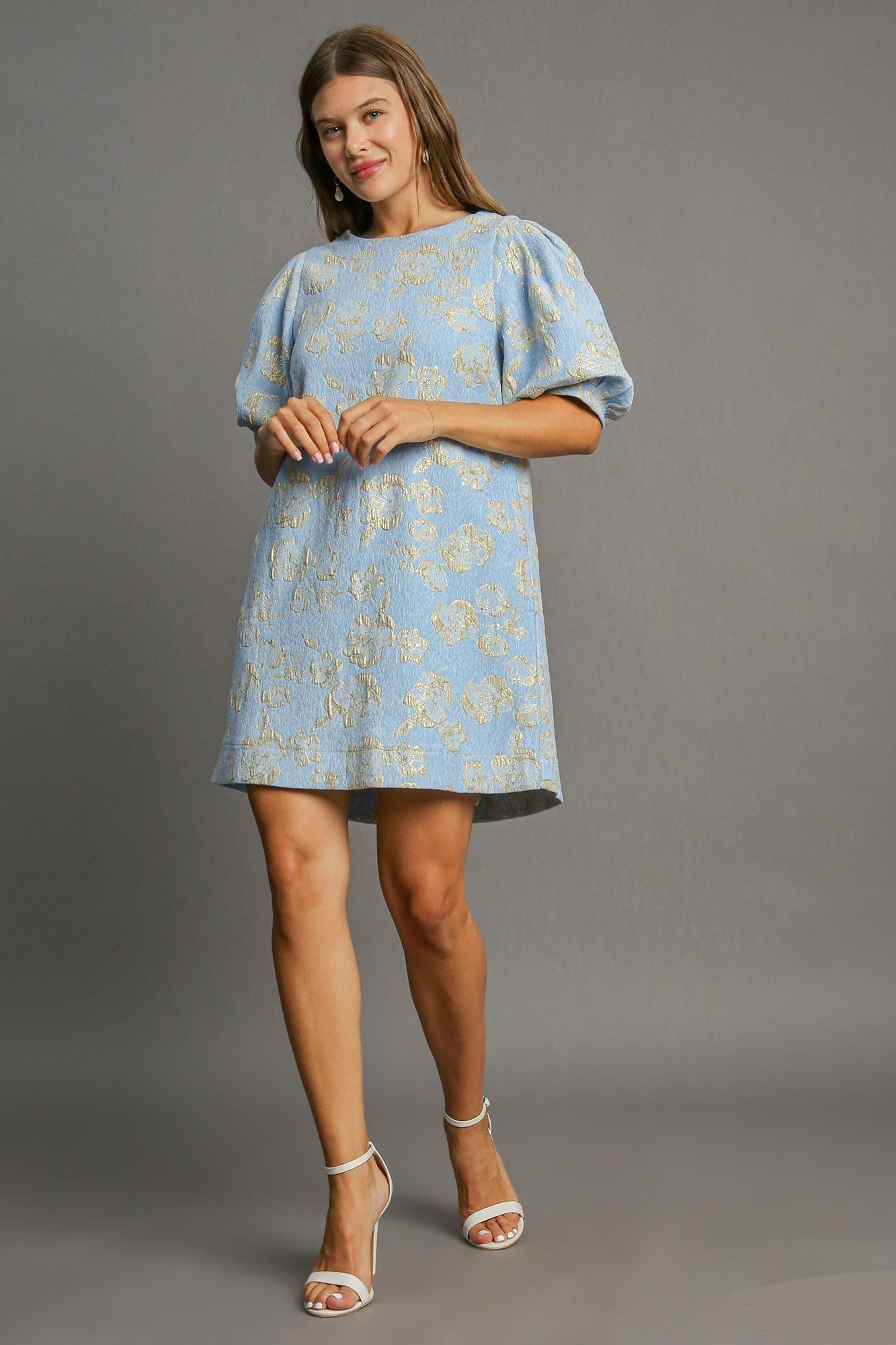 Jacquard Floral Puff Sleeve Crew Neck A-Line Mini Dress