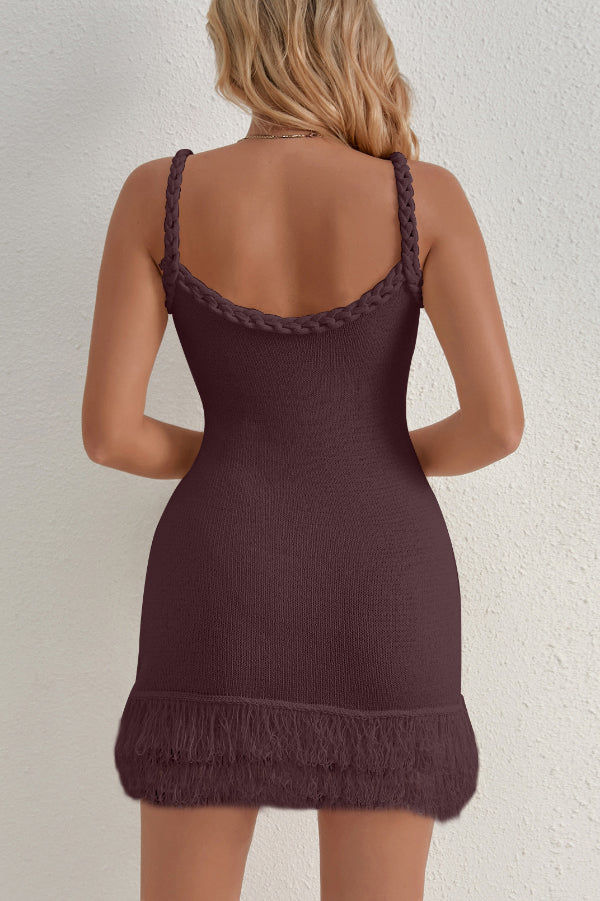 Solid Color Cable Camisole Slim Fit Tassel Knit Mini Dress