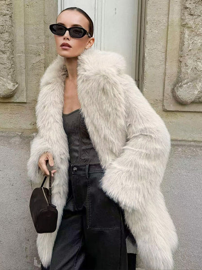 White Faux Fur Midi Coat Notched Lapel Winter Eco-friendly Long Jacket For Women 2026