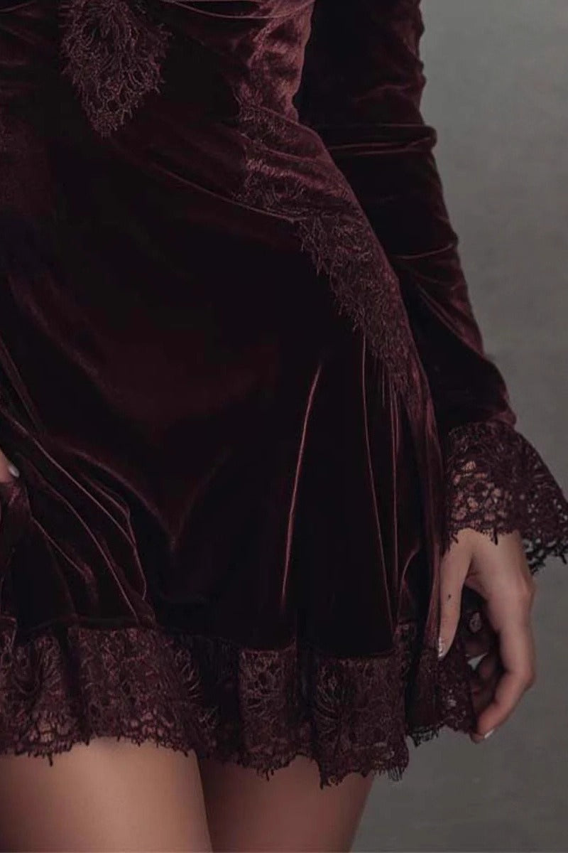 Deep V Neck Lace Trim Puff Sleeve Velvet Ruffled Hem Mini Dress