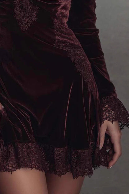 Deep V Neck Lace Trim Puff Sleeve Velvet Ruffled Hem Mini Dress