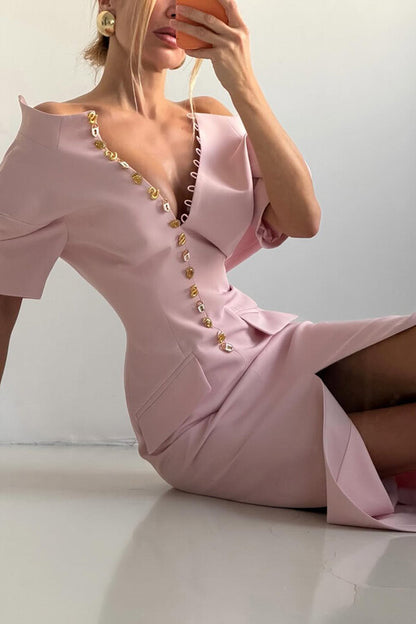Kathy Unique Metal Pattern Buttons High Neck Short Sleeve Pencil Slit Midi Dress
