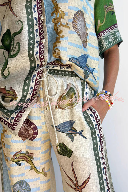 Deep Sea Dreaming Satin Unique Print Short Sleeve Shirt and Elastic Waist Pocketed Pants Set
