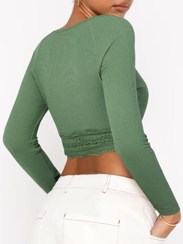 Solid Color Lace Hem Square Neck Crop Long Sleeve Knit