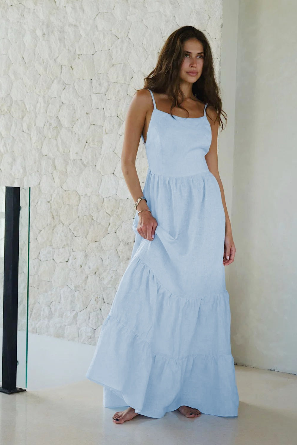 | Spaghetti Strap Backless Ruffle Maxi Dress
