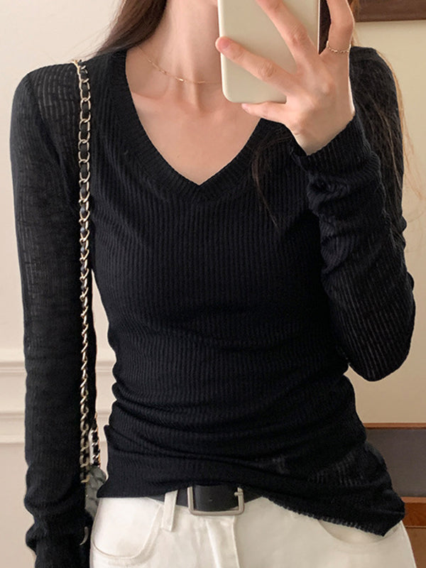 Ribbed V Neck Slim Long Sleeve Knit