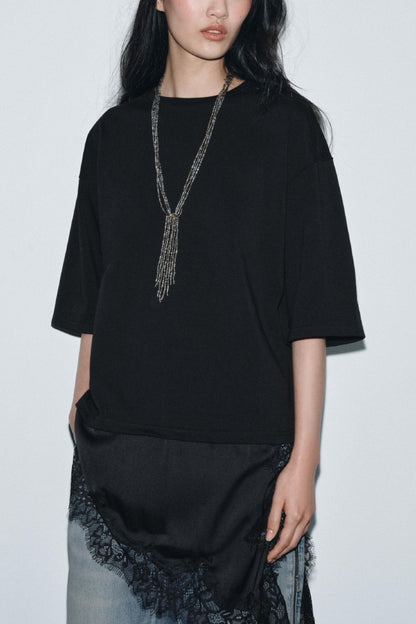 Stylish Round Neck Short-sleeved Patchwork Lace Hem Loose T-shirt