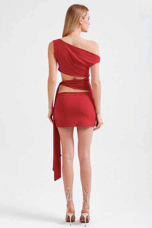 One Shoulder Asymmetrical Cutout Wrap Waist Draped Sash Mini Dress