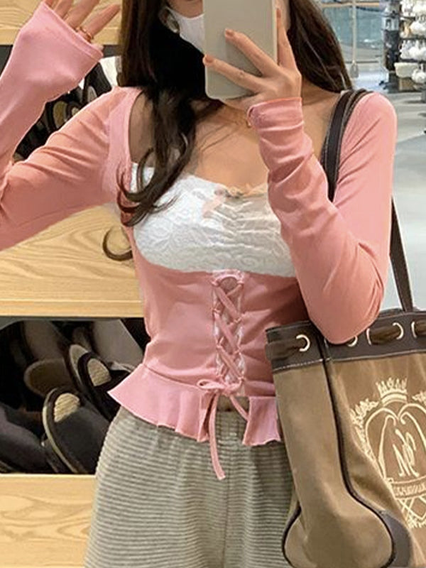 Square Neck Lace Splice Lacing Long Sleeve Knit