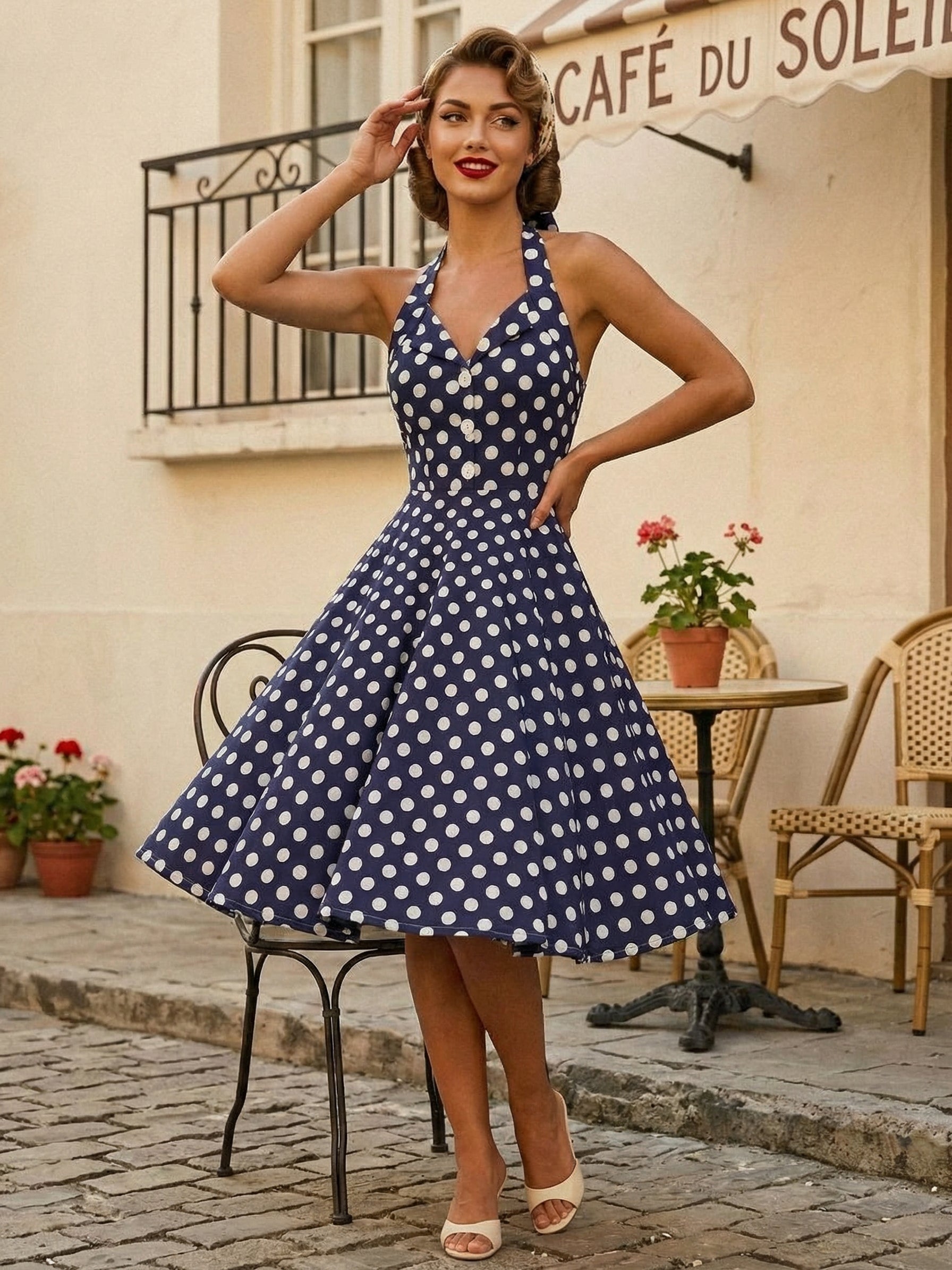 Vintage 1950s Polka Dot Midi Swing Dress for Women - Halter Neck A-Line Rockabilly Pinup Sun Dress - Holiday Picnic 2026