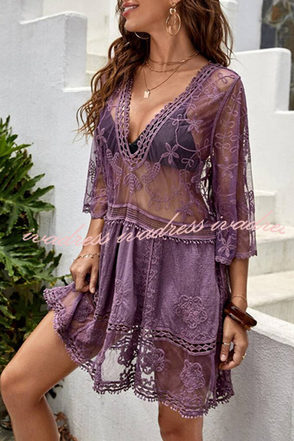 Lace V Neck Hollow Short Sleeved Cover Up