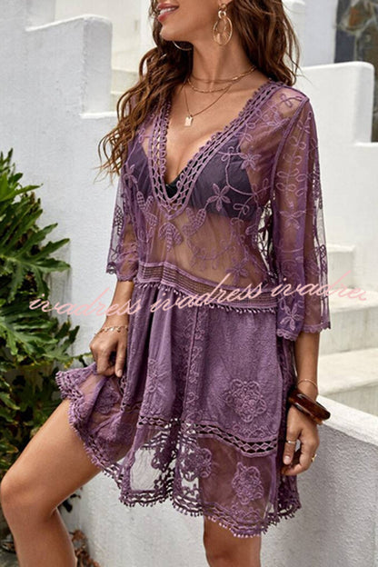 Lace V Neck Hollow Short Sleeved Cover Up