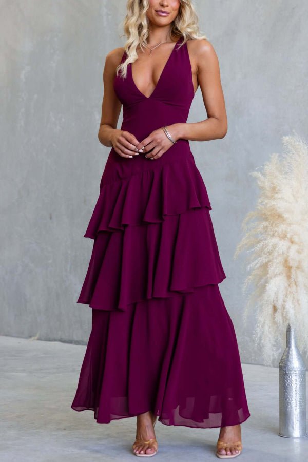 Solid Color V-neck Sleeveless Elegant Layered Maxi Dress