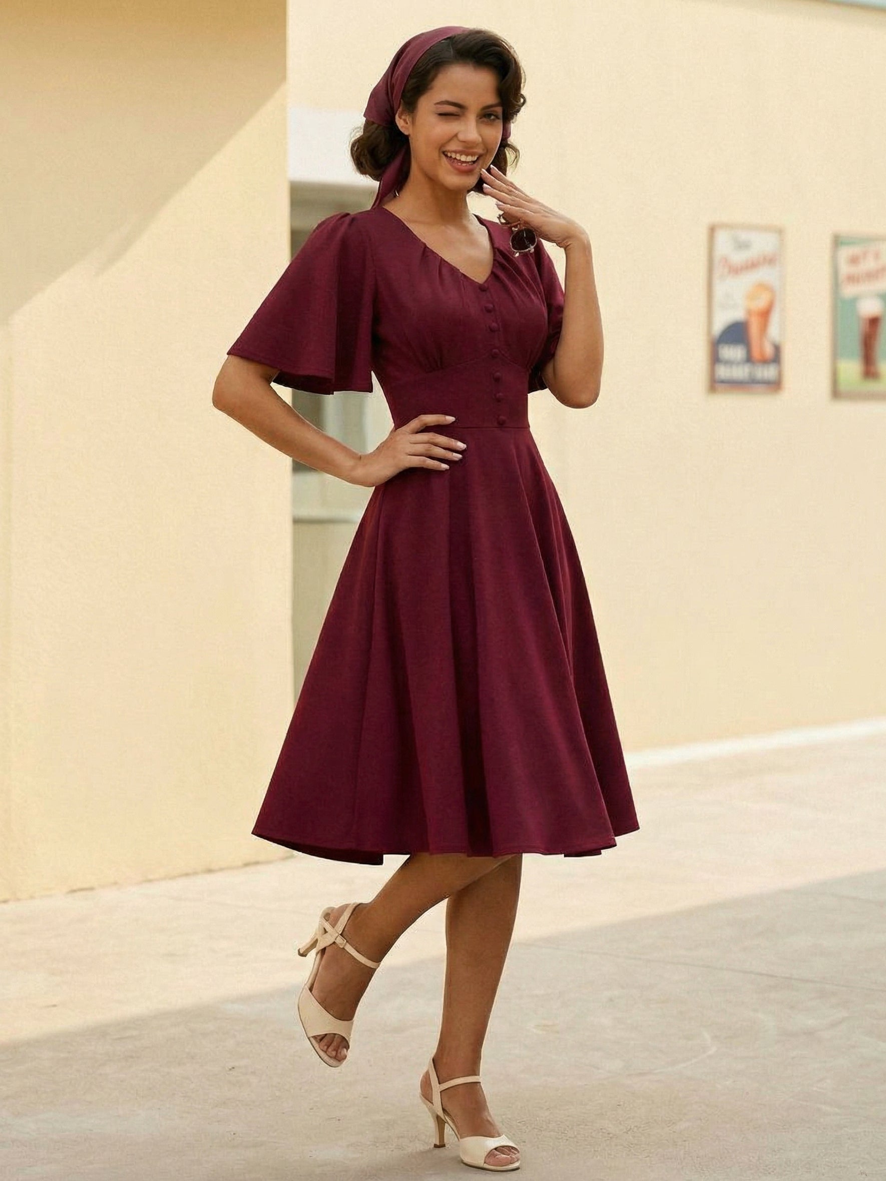 V Neck Ruched Front Button Decor Flutter Sleeve Retro Swing Dress For Women 2026
