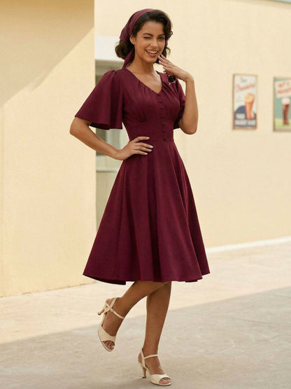 V Neck Ruched Front Button Decor Flutter Sleeve Retro Swing Dress For Women 2026
