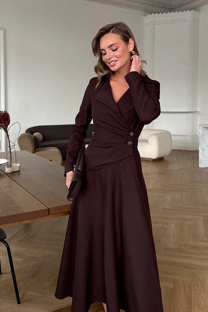 Notched Lapel Deep V Wrap Button Waist Ruched Blazer Midi Dress