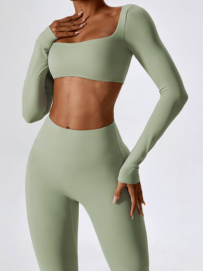Solid Quick Dry Square Neck Cropped Active Top & Pants Set