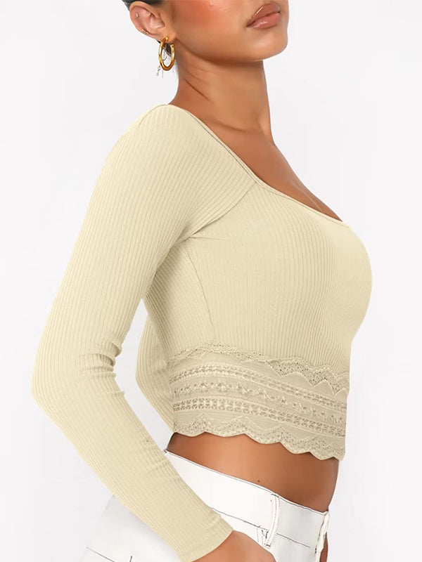 Solid Color Lace Hem Square Neck Crop Long Sleeve Knit