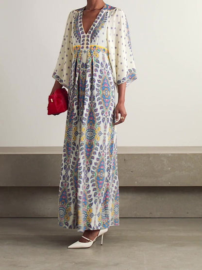 Deep V Neck Bell Sleeve Paisley Mandala Print Empire Waist Maxi Dress