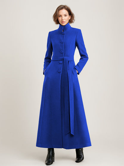 Wool Blend Long Coat Black Belted Stand Collar Winter Full Length Outerwear For Women 2026