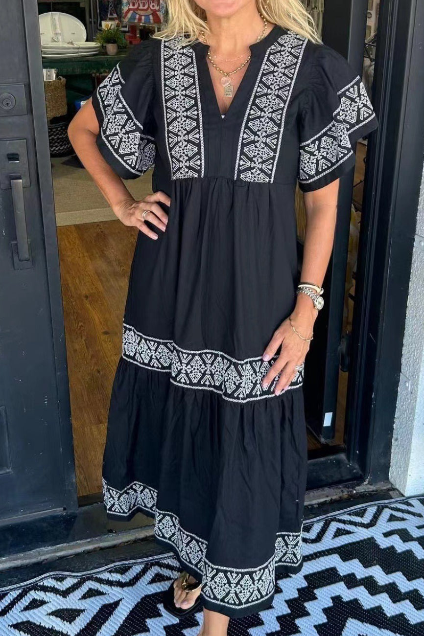Mandarin Collar Flutter Sleeve Embroidered Trim Tiered Boho Midi Dress