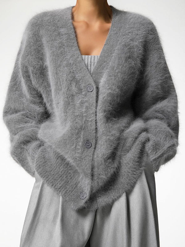 Fuzzy V Neck Loose Cardigan Sweater