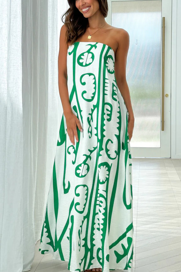 Graphic Scroll Print Strapless Bandeau Flowy A-Line Maxi Dress