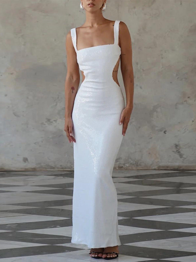 Sequin Square Neck Wide Strap Side Cut Out Bodycon Maxi Dress